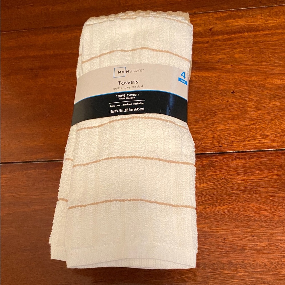 Set of 4 Mainstay White & Tan 100% Cotton Towels 15” X 25”